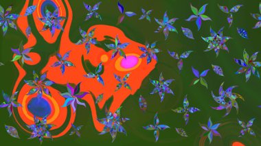 Çiçekli karalama şeklinde Raster çiçek deseni. Yeşil ve turuncu renkli yaz çiçekleri. Raster illüstrasyonu.