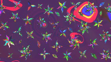 Moda baskıları için zarif bir şablon. Modern çiçek arkaplanı. Halk tarzı. Parlak renkli çiçekleri ve mor ve mor renkli yaprakları olan muhteşem bir çiçek deseni..