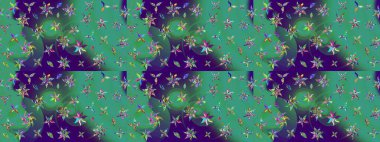 Çiçekli karalama şeklinde Raster çiçek deseni. Yumuşak, yaz çiçekli arka plan. Mavi ve yeşil renkte çiçekler.