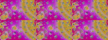 Raster illüstrasyonundaki çiçek desenli çizim. Çiçekler mor ve sarı renkler suluboya stilinde.