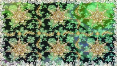 Yeşil ve gri renklerde altın elementlerle kusursuz desen. Klasik klasik klasik arka plan. Kusursuz klasik raster altın desenli. Geleneksel oryantasyon süsü. Raster illüstrasyonu.