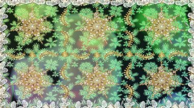 Damask arkaplanı tekerrür ediyor. Yeşil ve nötr renklerde altın element. Antika altın tekrarlanabilir duvar kağıdı. Barok tarzında altın çiçek süsü..