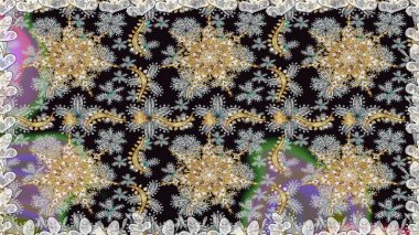 Gri ve siyah renklerdeki altın desenli altın elementler. Raster oryantal süs. Geleneksel klasik altın desen. Barok tarzında kusursuz bir doğulu süsü..