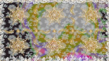 El yapımı dekoratif çerçeve, albüm kapağı, tebrik kartı, klasik Art deco tarzı. Altın karalama fantezi yapraklarından Raster soyut çiçek çelengi ve gri ve nötr renklerde çiçek..