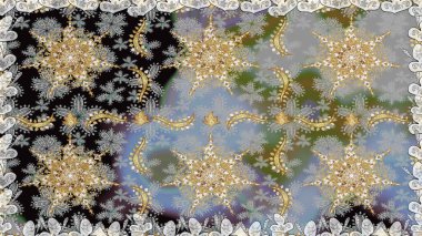 Tekrarlayan elementlerle soyut arkaplan oluşturun. Gri ve nötr renklerde altın ve altın elementler. Kusursuz damaske klasik altın desen. Raster illüstrasyonu.