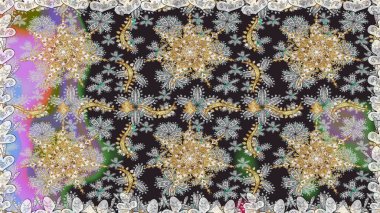 Raster altın pürüzsüz desen. Doğu tarzı arabesk tarzında altın elementler. Kusursuz altın desenli bukleler. Gri ve kahverengi renklerde pürüzsüz desen.