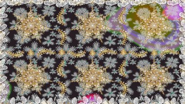 Gri ve nötr renklerde altın element. Antika altın tekrarlanabilir duvar kağıdı. Damask arkaplanı tekerrür ediyor. Barok tarzında altın çiçek süsü..