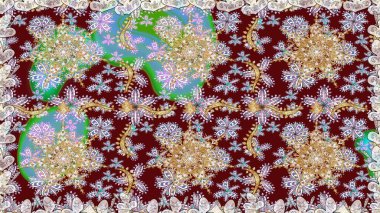 Tarafsız ve kırmızı renklerde desen. Raster Golden Mehndi kusursuz desen. Kına dövmeli süs çiçekleri, altın çıkartmalar, mehndi ve yoga tasarımı, kartlar ve parmak izleri..