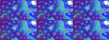 Mavi ve mor renklerde. Raster illüstrasyonu. Çiçek buketleriyle klasik tarzda eskiz deseni.