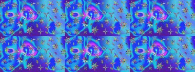 Suluboya, elle çizilmiş. Raster illüstrasyonu. Mavi ve mor renkli yapraklı yabani çiçekler. Taslak arkaplan deseni.