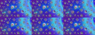 Mavi ve mor renkli çiçekler. Raster illüstrasyonu. Çiçek süslemeli çizim deseni.