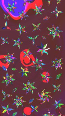 Raster illüstrasyonu. Şirin karalamalı çiçek desenli çizim. El yapımı çiçek ve bitki koleksiyonu. Raster illüstrasyonu. Eskiz stili kahverengi ve mor renklerde.