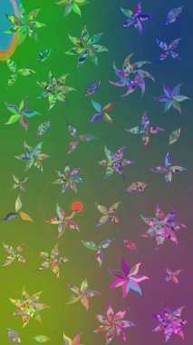 Renkli Yaz Temalı eskiz kalıbı. Sevimli çiçek raster deseni. Yeşil ve mavi renkte çiçekler. Düz Çiçek Elementleri Tasarımı.