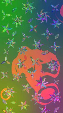 Raster çiçek desenli çiçek deseni, yapraklar, dekoratif elementler, sıçrama, lekeler, el çizimi kontur çizgileri ve Doodle çizim stili, grafik raster çizim çizimi.