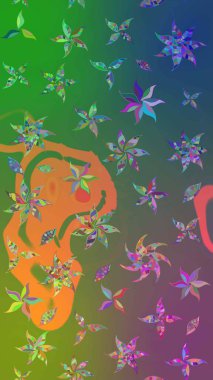 Yeşil ve mavi renkte güzel çiçekler, suluboya desenli, duvar kağıdı, kart ya da kumaş için fayanslı eskizler. Raster..