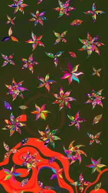 Raster illüstrasyonundaki çiçek desenli çizim. Renkli Bahar Teması eskiz kalıbı. Yeşil ve gri renkli çiçekler. Düz Çiçek Elementleri Tasarımı.