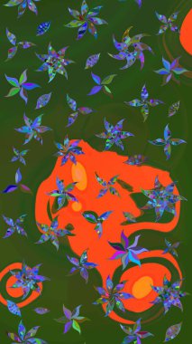 Yeşil ve turuncu renkli etnik çiçeklerle süslenmiş zarif bir eskiz şekli. Asya Tekstil 'inde Raster Çiçek İllüstrasyonu.