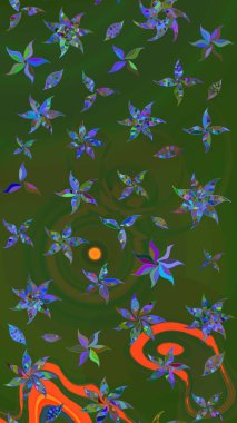 Çiçekli karalama şeklinde Raster çiçek deseni. Nazik, sevimli çiçek arkaplanı. Yeşil ve mavi renkte çiçekler.