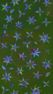 Tropik çiçek desenleri. Raster illüstrasyonu. Yeşil ve mavi renkte çiçekler.