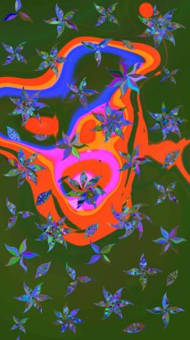 Raster suluboya çiçek deseni, narin çiçekler, yeşil ve turuncu çiçekler, tebrik kartı şablonu. Güzel kumaş deseni.