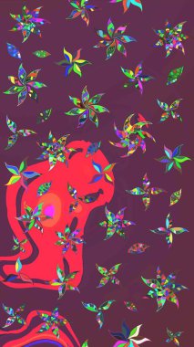 Çiçek desenli çizim. Raster illüstrasyonu. Asya tekstil tarzında. Kahverengi ve pembe renkli çiçekler. Raster illüstrasyonu.