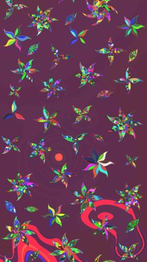 Kahverengi ve mor renkte zarif çiçekli suluboya. Renkli Bahar Teması eskiz kalıbı. Düz Çiçek Elementleri Tasarımı. Raster illüstrasyonu.