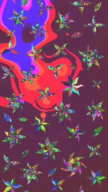 Suluboya elle çizilmiş çiçek desenli eskiz deseni. Parlak renkli fantezi çiçekleri, yapraklar, kahverengi ve mor renkli tomurcuklar kahverengi ve mor.