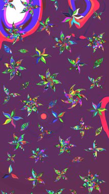 Suluboya, elle çizilmiş. Raster illüstrasyonu. Mor ve yeşil renkte yaprakları olan yabani çiçekler. Taslak arkaplan deseni.