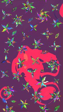 Şirin çiçekli eskiz deseni ve mor ve pembe renkli yapraklar, suluboya çiçek deseni, duvar kağıdı, kart ya da kumaş için fayanslı. Raster illüstrasyonu.