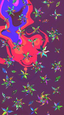 Çocuksu tasarım. Mor ve pembe arka planda. Elle çizilmiş çiçek desenli Raster çizimi. Tekstil, kumaş, ambalaj, hatıra defteri için güzel çiçek arkaplanı..