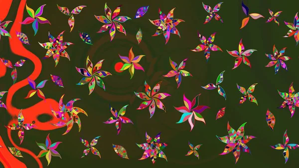 Düz Çiçek Elementleri Tasarımı. Raster illüstrasyonundaki çiçek desenli çizim. Renkli Yaz Temalı eskiz kalıbı. Yeşil ve gri renkte çiçekler.