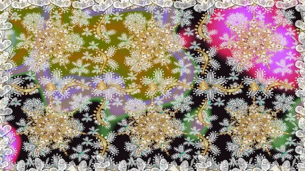 Kına dövmeli süs çiçekleri, altın çıkartmalar, mehndi ve yoga tasarımı, kartlar ve parmak izleri. Gri ve nötr renklerde desen. Raster altın mehndi kusursuz desen.