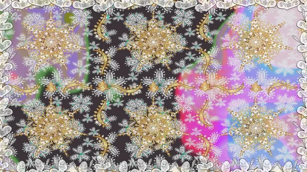 Raster altın pürüzsüz desen. Arkaplan, kumaş, altın duvar kağıdı. Gri ve nötr renklerde altın desenler ve altın elementler. Düz elle çizilmiş vintage koleksiyonu.