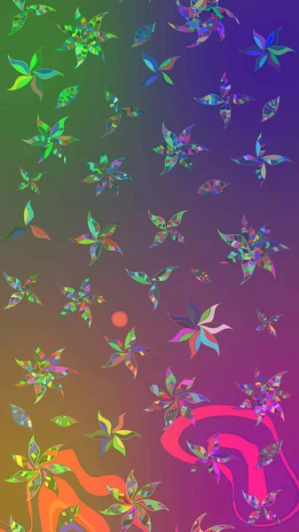 Renkli Yaz Temalı eskiz kalıbı. Raster illüstrasyonundaki çiçek desenli çizim. Mor ve yeşil renkli çiçekler. Düz Çiçek Elementleri Tasarımı.