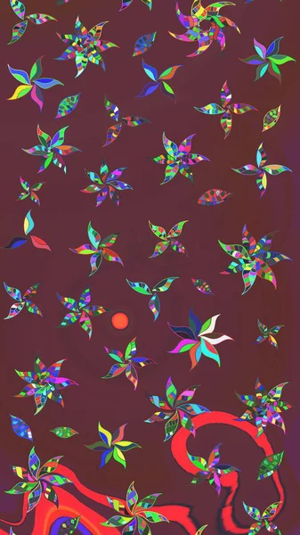 Modern çiçek arkaplanı. Halk tarzı. Moda baskıları için zarif bir şablon. Parlak renkli çiçekleri olan ve kahverengi ve yeşil renkli yaprakları olan inanılmaz bir çiçek deseni..