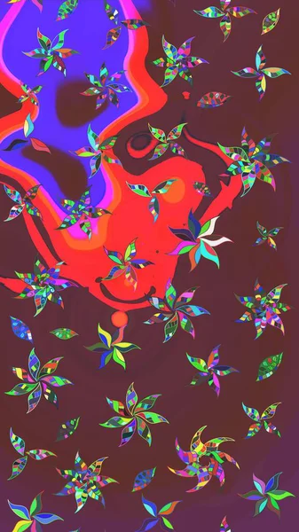 Kahverengi ve mor renkli çiçekler. Çiçek desenli eskiz. Düz Çiçek Elementleri Tasarım Raster illüstrasyonu. Renkli Bahar Teması çizim şablonu.