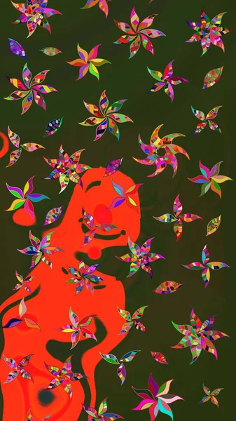 Raster illüstrasyonu. Asya tekstil tarzında. Yeşil ve gri renkli çiçekler. Raster illüstrasyonu. Çiçek desenini çiz.