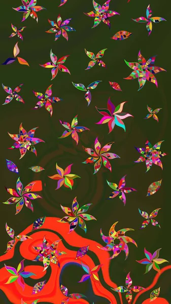 Raster illüstrasyonundaki çiçek desenli çizim. Renkli Bahar Teması eskiz kalıbı. Yeşil ve gri renkli çiçekler. Düz Çiçek Elementleri Tasarımı.