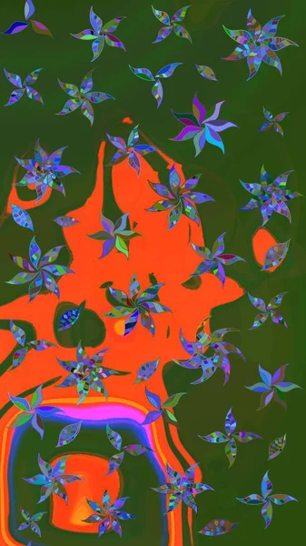 Raster deseni. Yeşil ve turuncu renklerde. Soyut çiçek çizim kalıbı arka planı. Raster illüstrasyonu. Küçük çiçekte sevimli çiçek deseni var..