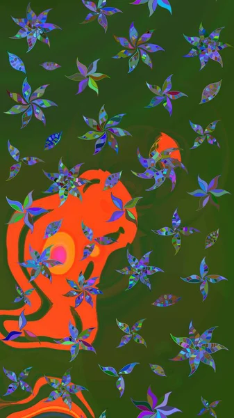 Çiçek desenli eskiz, yaz çiçekleri. Yeşil ve turuncu renkli çiçekler. Renkli Bahar Teması eskiz kalıbı. Düz Çiçek Elementleri Tasarımı.