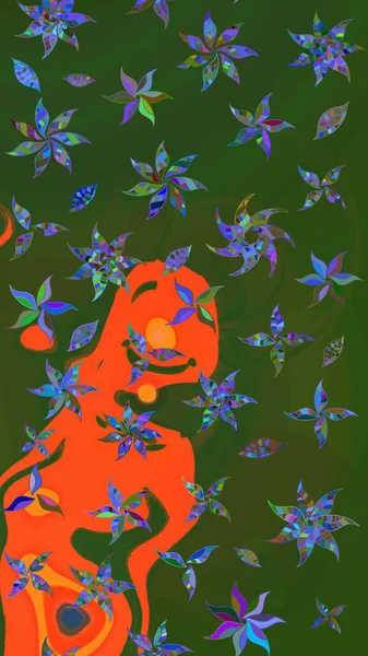 Suluboya çizim kalıbı. Çiçek izi. Çiçekler suluboya tarzında yeşil ve turuncu renklerde.