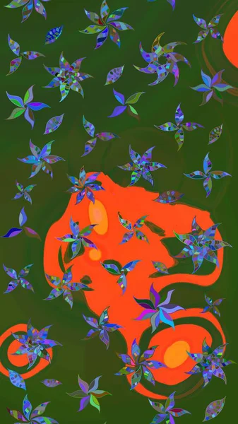 Yeşil ve turuncu renkli etnik çiçeklerle süslenmiş zarif bir eskiz şekli. Asya Tekstil 'inde Raster Çiçek İllüstrasyonu.