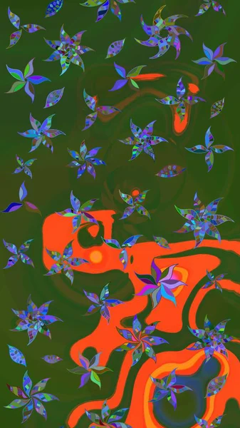 Raster illüstrasyonundaki çiçek desenli çizim. Yeşil ve turuncu renkli çiçekler. Renkli Bahar Teması eskiz kalıbı. Düz Çiçek Elementleri Tasarımı.