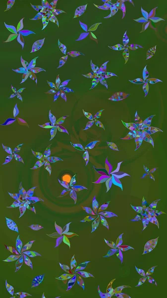 Çiçek desenli çizim. Raster illüstrasyonu. Asya tekstil tarzında. Yeşil ve mavi renkte çiçekler. Renkli Bahar Teması eskiz kalıbı. Düz Çiçek Elementleri Tasarımı.