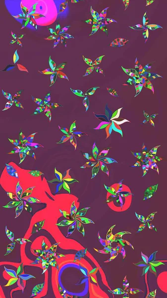 Elle çizilmiş çiçek desenli Raster çizimi. Tekstil, kumaş, ambalaj, hatıra defteri için hoş bir çiçek arkaplanı. Çocuksu tasarım. Kahverengi ve mor arkaplanda.