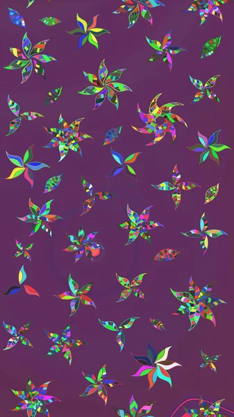 Patlayan çiçekler soyut olarak yerleştirilmiş. Yumuşak, bahar çiçekleri mor ve yeşil renklerde. Raster deseni. Raster illüstrasyonu.