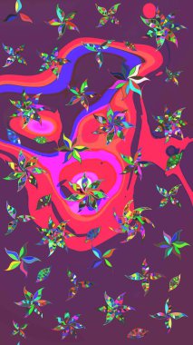 Mor ve pembe renkte çiçekler. Raster düz çiçek çizim deseni. Tasarım hediye paketi, tebrik kartları, posterler ve afiş tasarımı.