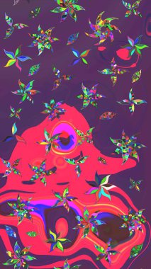 Raster çiçek desenli çiçek deseni, yapraklar, dekoratif elementler, sıçrama, lekeler, el çizimi kontur çizgileri ve Doodle çizim stili, grafik raster çizim çizimi.