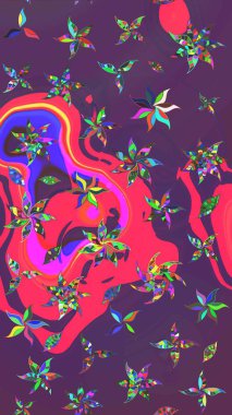 Manzaralı çiçek deseni. Sevgililer günü ve tebrik kartı konsepti için şık bir davetiye. Çiçek kompozisyonu, el boyası, hassas şablon. Üst görünüm, yumuşak mor ve pembe renk tarzı.