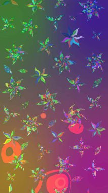 Eskiz geçmişi. Renkli desenli eskiz deseni, mor ve yeşil çiçekler ve dekoratif elementler. Raster illüstrasyonu. Eski usul. Kumaş, tekstil ve duvar kağıdı baskısı için..